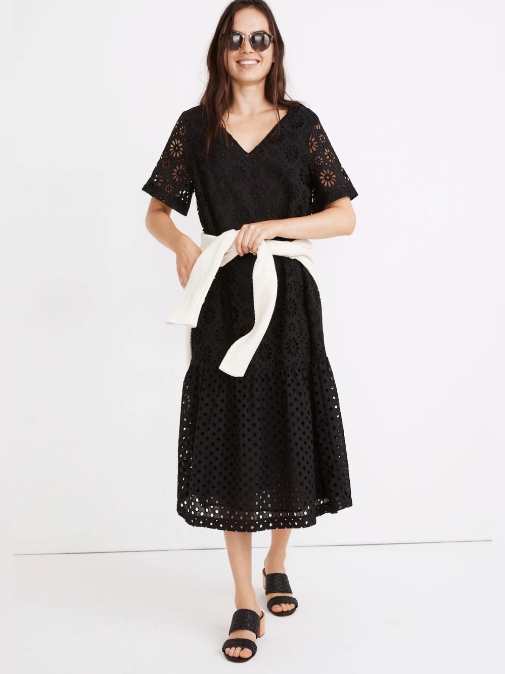 Madewell Eyelet-Mix Midi Dress Black Cotton Size S